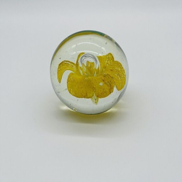 Vintage Art Glass Round Paperweight Yellow Flower Controlled Bubble - Picture 1 of 5